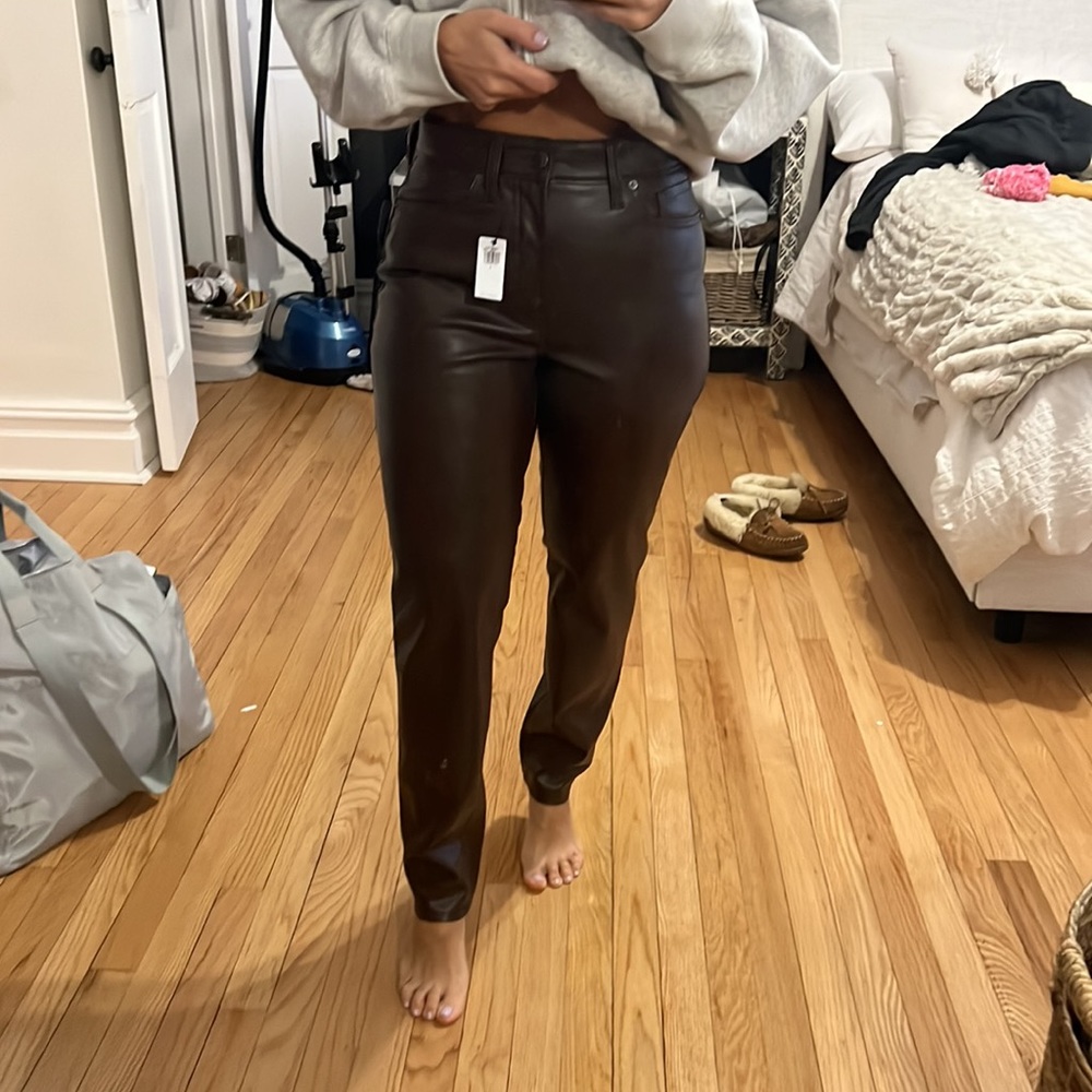 Brown vegan leather pants, high rise, straight leg